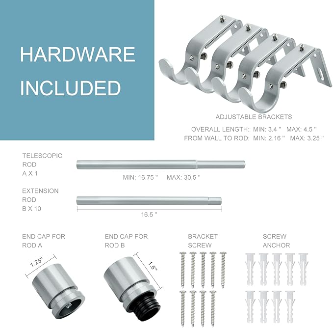 Curtain Rods for Windows 16 to 170 Inches Adjustable Length 1 Inch Diameter Window Curtain Rod with Aluminium End Cap, Silver Gray