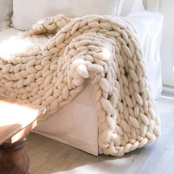 Chunky Knit Blanket Hand Made Merino Wool Throw Boho Bedroom Sofa Home Decor Giant Yarn(Ivory White 47"x71")