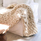 Chunky Knit Blanket Hand Made Merino Wool Throw Boho Bedroom Sofa Home Decor Giant Yarn(Ivory White 40"x47")