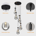 Raindrop Pendant Lights Kitchen Island Teardrop Black Hanging Light Fixtures Clear Solid Glass Pendant Light Modern Chandeliers for Dining Room Porch Corridor Living Room(5-Light)