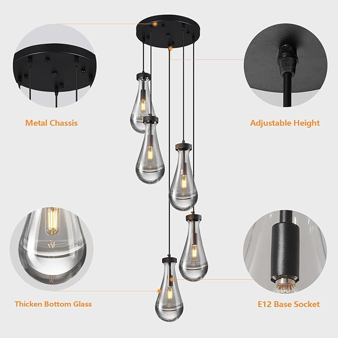 Raindrop Pendant Lights Kitchen Island Teardrop Black Hanging Light Fixtures Clear Solid Glass Pendant Light Modern Chandeliers for Dining Room Porch Corridor Living Room(5-Light)