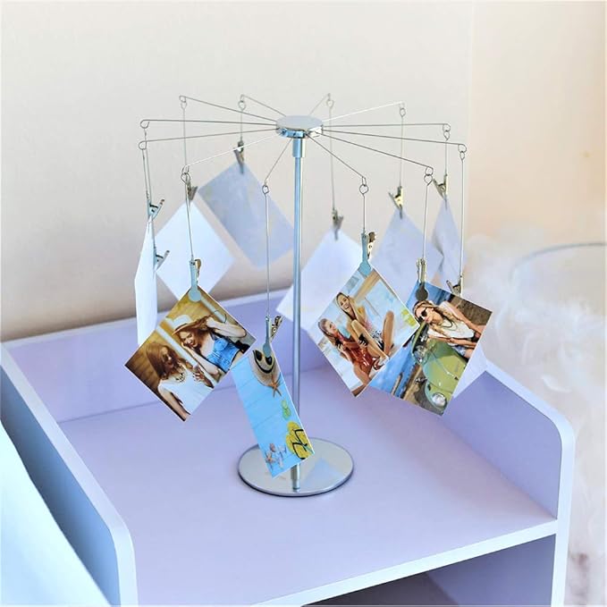 Mollytek Desktop Photo Holder With Clips Postcard Gift Card Picture Display Stand Decor Photo Tree Stand for Table Display Carousel Romantic Design with Plated Wire and 12 Photo Metal Clips