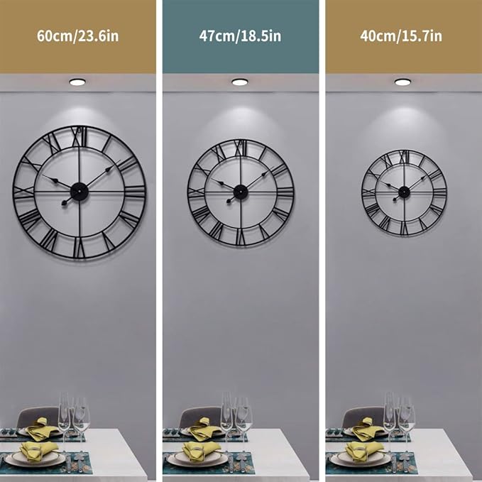Large Modern Metal Wall Clocks Rustic Round Nearly Silent Little Ticking Battery Operated Roman Numerals Clock for Living Room/Bedroom/Kitchen Wall Decor-(Black, 47cm)