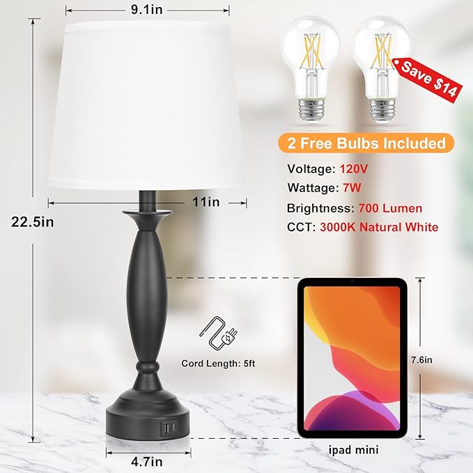 White Lamps for Bedrooms Set of 2 - Touch Control Bedside Lamp with USB C+A, 3 Way Dimmable Nightstand Lamps with USB Port, Table Lamp for Living Room(White Shade and Black Base)