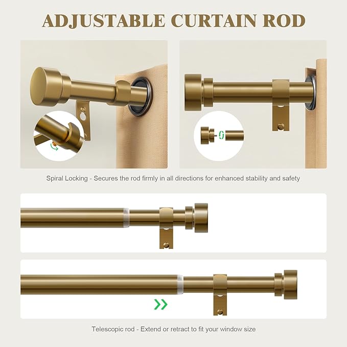 Oneach Gold Curtain Rods for Windows 28 to 48 Inch, 1 Inch Pole Adjustable Length Heavy Duty Metal Curtain Rod Set, for Outdoor Bedroom Kitchen Living Room (16 to 60 Inch)