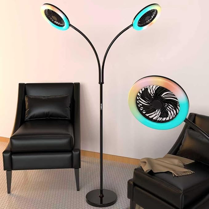 Floor Lamp with Fan Fan Light with RGB 12w/1000lm LED Floor Famp, Stepless Adjustable 3000K-6000K Color and Dimmer, Remote and Button Control, Adjustable Gooseneck Gloor Lamp (Black-2)