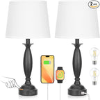 White Lamps for Bedrooms Set of 2 - Touch Control Bedside Lamp with USB C+A, 3 Way Dimmable Nightstand Lamps with USB Port, Table Lamp for Living Room(White Shade and Black Base)