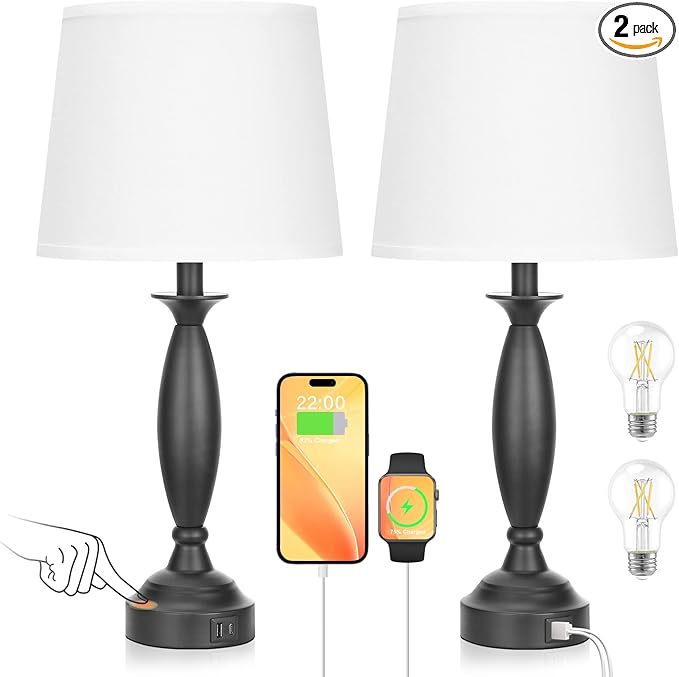 White Lamps for Bedrooms Set of 2 - Touch Control Bedside Lamp with USB C+A, 3 Way Dimmable Nightstand Lamps with USB Port, Table Lamp for Living Room(White Shade and Black Base)