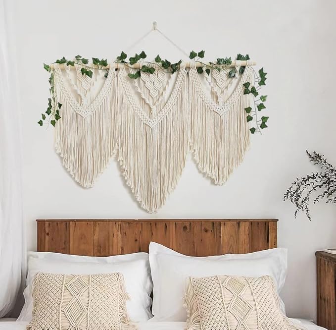 guzhiou large macrame wall hanging - Boho Tapestry Macrame Wall Decor Art- Chic Bohemian Handmade Woven Tapestry Home Decoration for Bedroom Living Room Apartment Wedding Party - 43"x32" (with Ivy)