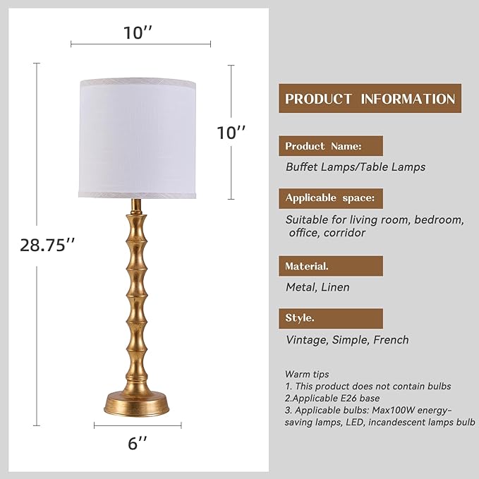 Gold Table Lamp Set of 2 Metal Bamboo Shape Base 29" Rustic Buffet Lamp with Linen White Shade Tall Nightstand Lamps Bedside Nightlights for Living Room Bedroom Guest Room