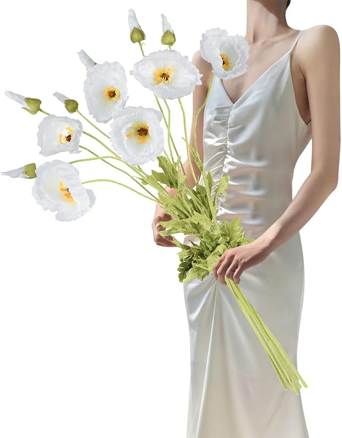 IPOPU 43.3" White Poppy Flowers Artificial Flowers 6pcs Fake Silk Poppies Long Stem Artificial Flowers for Tall Vase for Wedding Party Home Decor(Wihte)
