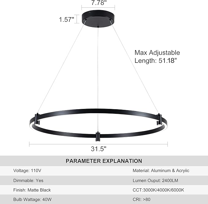 LED Black Chandeliers Modern Pendant Light, 40W Dimmable,1 Rings Dimmable Chandelier Lighting Fixture for Living Room Bedroom Kitchen Island Resturant Dining Room 3000K-6000K