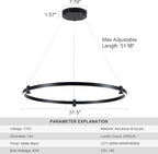 LED Black Chandeliers Modern Pendant Light, 40W Dimmable,1 Rings Dimmable Chandelier Lighting Fixture for Living Room Bedroom Kitchen Island Resturant Dining Room 3000K-6000K