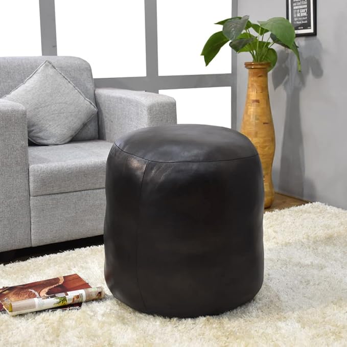 PF12 Goat Leather Handmade Eco-Friendly Black Pouf - Round Shape, 18" x 18" x 18", Plain Solid, Recycled Cotton Filled