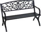 FDW Outdoor 50 Inches Garden Bench, Slatted Seat Armrests Floral Design Backres and Arch Legs, Perfect for Park, Yard, Porch, Lawn, Balcony, Backyard, Black