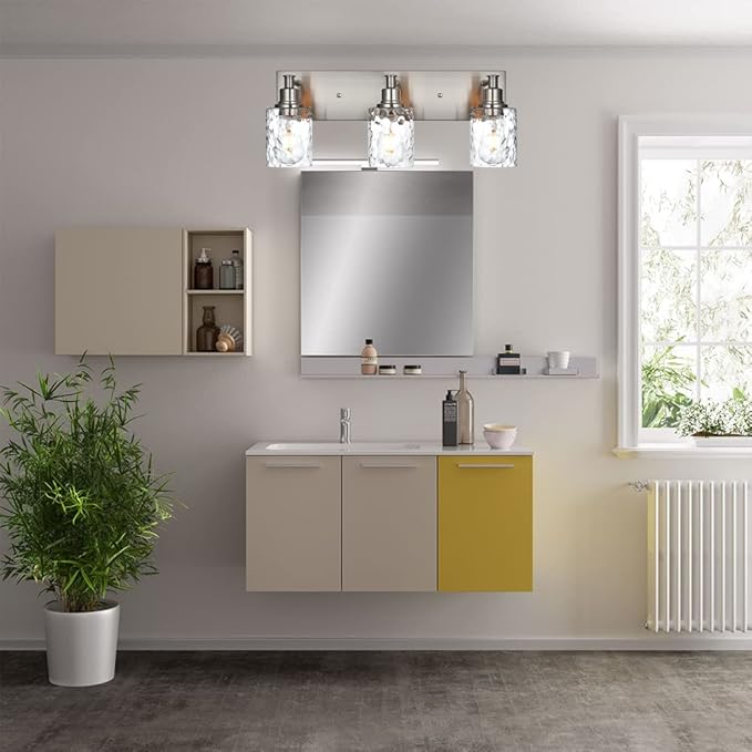 BONLICHT Bathroom Vanity Light Fixtures 3 Lights Modern Wall Sconce Brushed Nickel with Metal Base and Hammered Glass Shade, Industrial Farmhouse Bath Wall Lights for Hallway Kitchen Bedroom