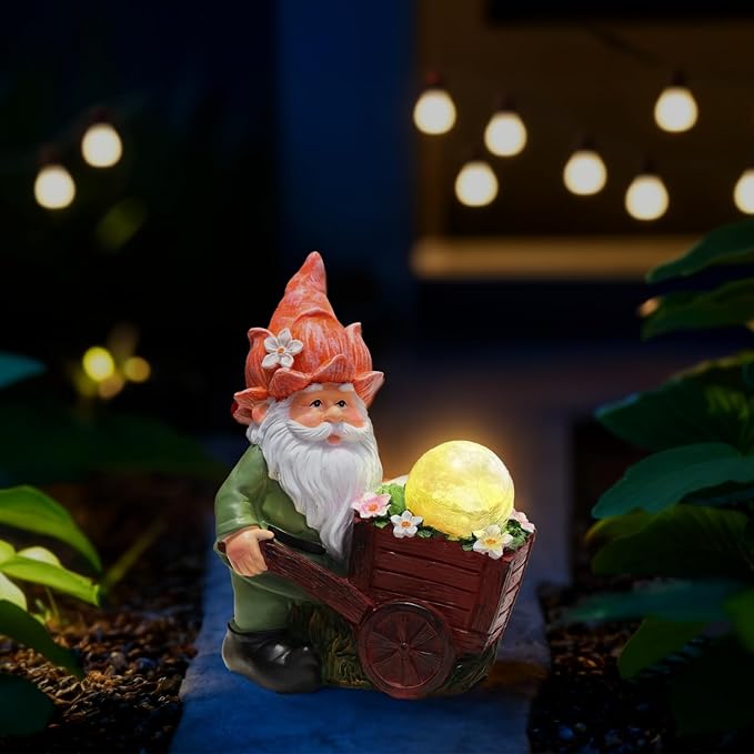 Solar Garden Gnome Statue with Crackle Glass Globe Lights, Waterproof Outdoor Decor for Patio, Lawn, or Yard, Whimsical Housewarming Gift(Green Gnomes)