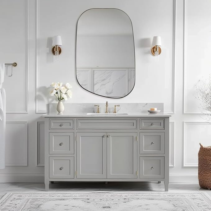 ANDY STAR Brushed Nickel Mirror, 24"x36" Silver Asymmetrical Wall Mirror for Bathroom, Unique Irregular Design with SUS304 Stainless Steel Metal Frame, Ideal for Bathroom, Bedroom, Entryway