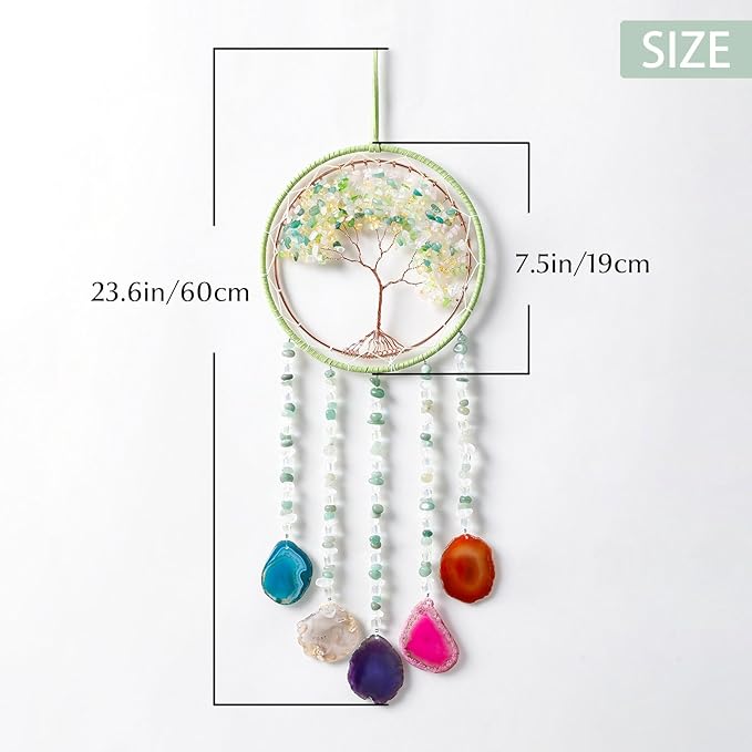 Agate Gemstone Dream Catcher 7 Chakras Sycamore Tree of Life Dream Catcher with Healing Crystal Stones Handmade Dreamcatcher Wall Decor for Adults Boys Girls,Bedroom,Wedding,Garden,Bless Gift