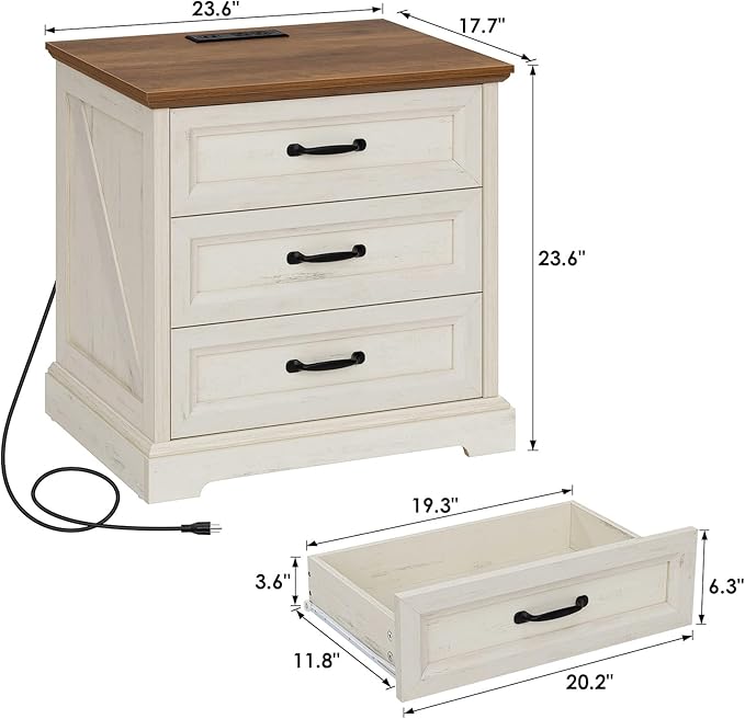 HOMMPA 24'' Farmhouse Nightstand with Charging Station, Bedside Tables with Storage, Side Table with USB Port, 3 Drawers End Table Dresser, Wood Night Stand for Bedroom, Living Room, Rustic White
