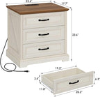HOMMPA 24'' Farmhouse Nightstand with Charging Station, Bedside Tables with Storage, Side Table with USB Port, 3 Drawers End Table Dresser, Wood Night Stand for Bedroom, Living Room, Rustic White