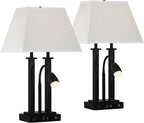 Possini Euro Design Deacon 26" High Industrial Modern Desk Lamps Set of 2 USB Port AC Power Outlet Gooseneck Black Metal Oatmeal Shade Home Office Living Room Charging Bedroom Bedside Nightstand