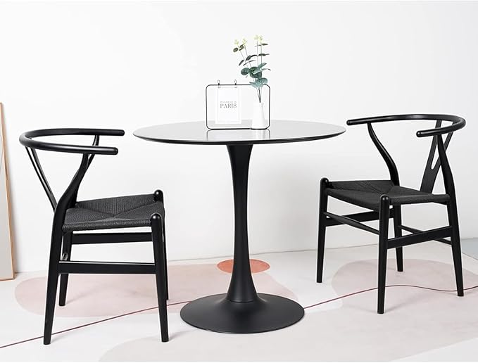 Tomile Solid Wood Wishbone Chair Y Chair Mid-Century Armrest Dining Chair, Hemp Seat (Ash Wood Black., Pack of 1)