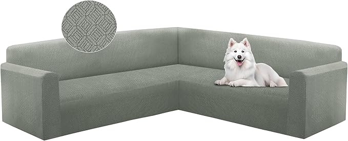 HDCAXKJ Sectional Couch Cover L Shape Stretch Sofa Covers Washable Jacquard Corner Couch Slipcover Non Slip Sectional Slip Cover U Shaped Furniture Protector for Pets Dogs (Grayish Green, Large)