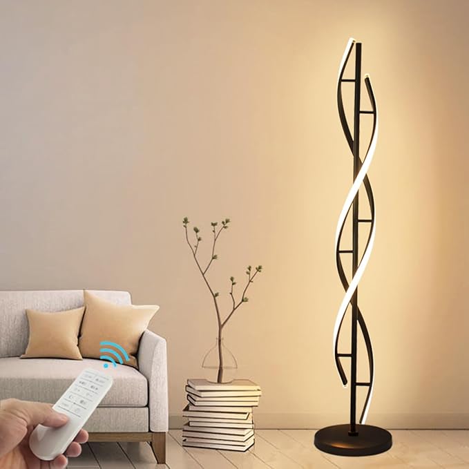 Modern Spiral Floor Lamps for Living Room, 40W LED Floor Lamp with Remote Control, 60 Inch 3 Color Temperatures & Dimmable Brightness Corner Standing Lamp Black Floor Lamp for Bedroom, Office