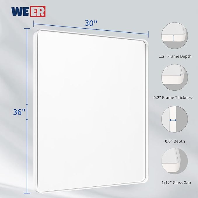WEER White Bathroom Mirror 36X30 Inch, Rounded Rectangle White Metal Frame Mirror, Matte White Bathroom Vanity Mirror with Tempered Glass, Anti-Rust, Hangs Horizontally or Vertically
