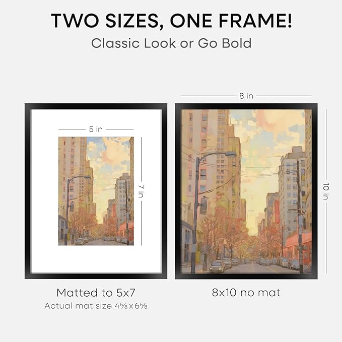 Homeforia Black Picture Frames 8x10, High End Metal 8 x 10 Photo Frame with Mat 5 by 7 Art, 10x8 Black Frame Matted to 5x7 inch Print, 8by10 Wall or Tabletop Frames, Tempered Glass, Wall Kit, Set of 1