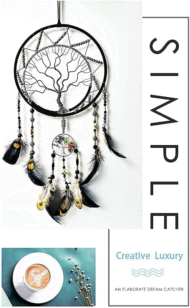 Pretty Jolly 7 Chakras Tree of Life Dream Catcher Wall Decor with Rainbow Healing Crystal Stone Handmade Black Feather DreamCatchers Wall Hanging Ornaments for Bedroom Home Decor Bless Gift Wedding