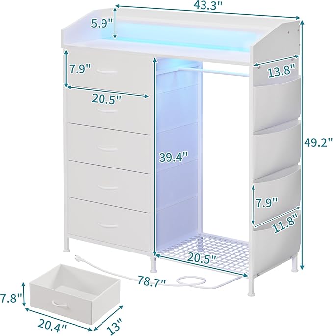 LUMTOK Modern 5 Dresser with LED Hanging Rack, Dresser with Clothes Rack, Hanger Rack, and Storage Drawers, Drawer Dressers with Coat Racks for Bedroom Living Room, Entryway, Closets (White)