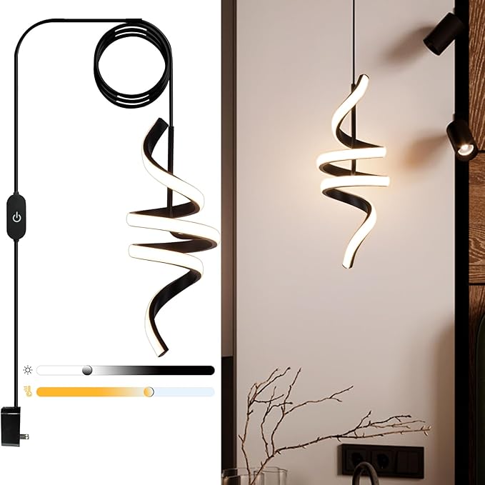 Plug in Pendant Light, 3000~6000K Hanging Lights with Plug in Cord, Touch Switch Modern Pendant Light, Black Hanging Lamps for Living Room, Kitchen, Dining Room, Bedroom,1 Pack