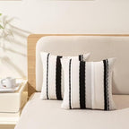 Boho Throw Pillow Covers 18x18 Set of 2 Farmhouse Decorative Cushion Case Striped Square Pillows Cover Chenille Pillow Cases Accent Neutral Pillowcase for Sofa Couch Bed,Black and White
