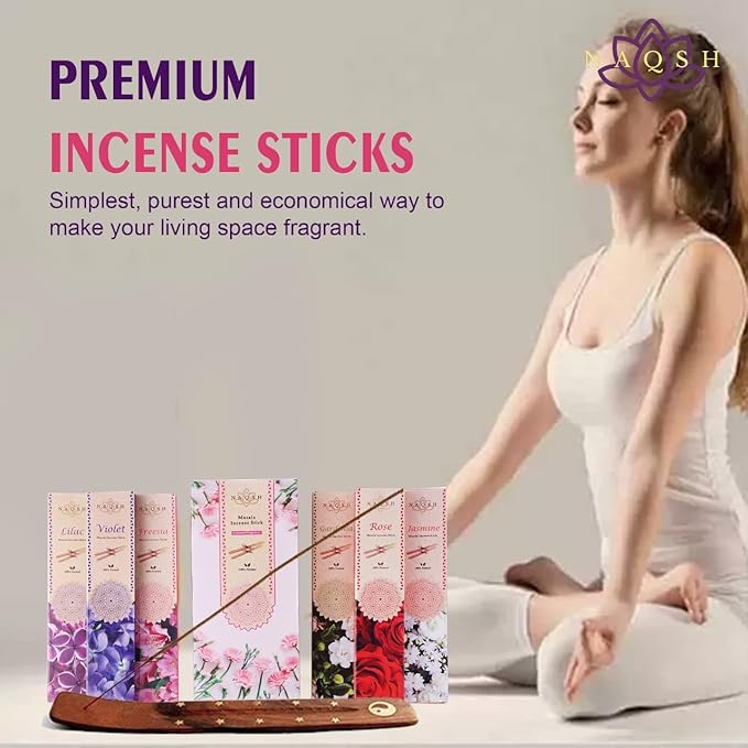 NAQSH Incense Sticks with Wooden Burner Natural Relaxing | Aromatherapy Incense for Air Purifier, Mind & Spirit & Ritualistic Fragrance | Gift Set (Set of 6 Packs - Total 120 Sticks) (Assorted 6)