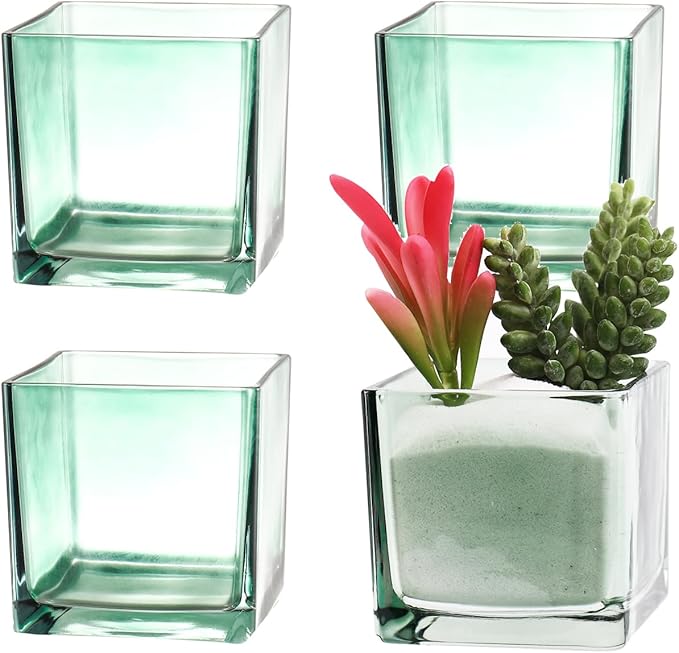 Square Flower Vases Set of 4, 3"x 3"x 3" Glass Vases for Centerpieces, Green Vase for Flowers, Small Vase for Wedding, Party, Home Office Decoration