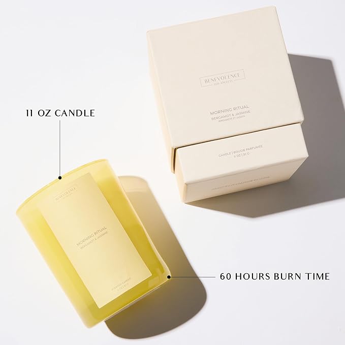 Bergamot & Jasmine Scented Candle | Benevolence LA Sun-Kissed Collection | 11oz, 60 Hour Burn | Natural Soy Wax, Cotton Wick | Fall Scented Candles for Home, Elegant Gift - Morning Ritual