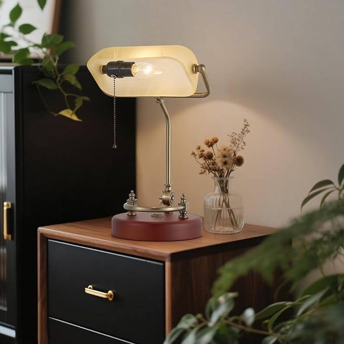 Bankers Lamp, Traditional White Desk Lamp with Solid Birch Wood Base, White Glass Antique Library Lamp with Pull Chain Switch, Plug in Vintage Bankers Desk Lamp for Office, Study Room 【E26 Socket】