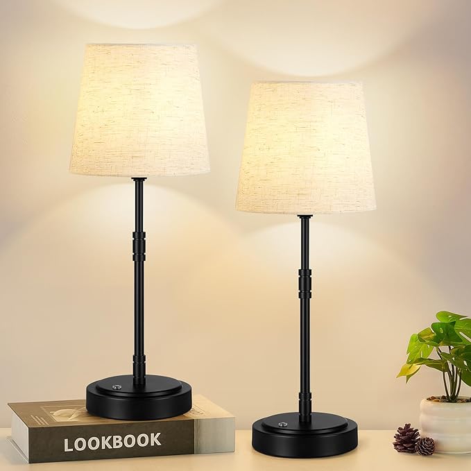 Cordless Table Lamps Set of 2 – Battery Operated Lamp with 7500mAh Rechargeable Battery, Stepless Dimmable Black Lamps with Beige Shade, Wireless Lamps for Dining Room & Nightstand (Bulbs Included)