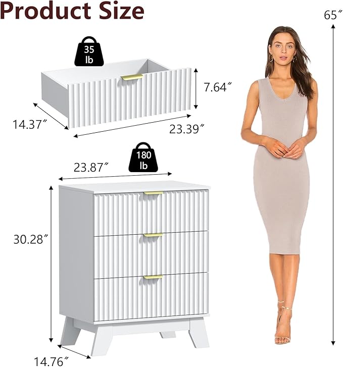 Fluted Dresser for Bedroom,3 Drawer Dresser for Closet,Storage Cabinet and Chest of Drawers with Gold Handle,TV Stand,Storage Organizer for Living Room,Hallway,Entryway,White