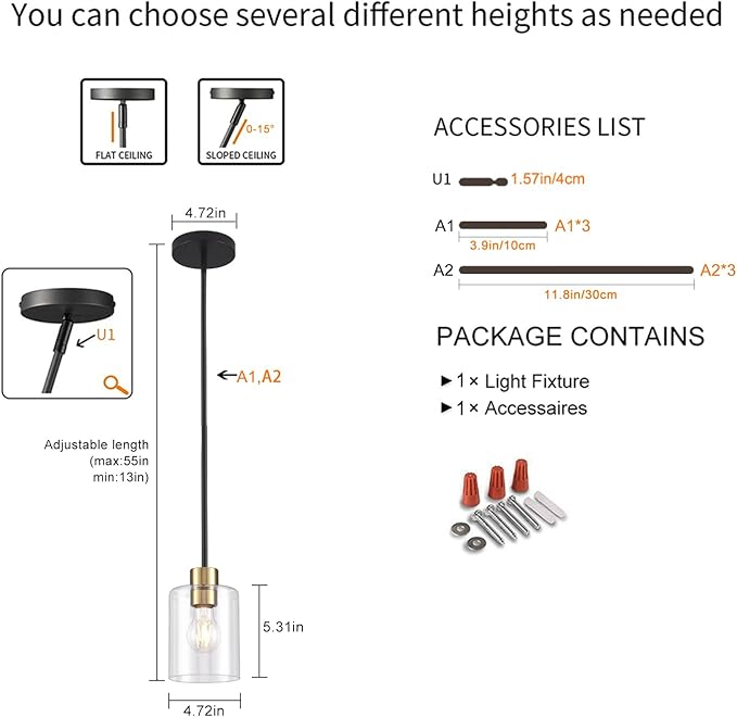 Black Brass Pendant Lights Kitchen Island - Clear Glass Pendant Light Fixture Multiple Stems Rods 3 Units 12 Inch 3 Units 4 Inch (1 Pack Black Brass Downrod)