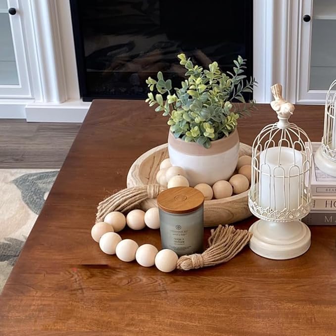 Oversized Wood Bead Decor, 1.6" Diameter Chunky Natural Wood Beads, 41" Long Farmhouse Tray with Tassels, Coffee Table farmhouse Bed decor