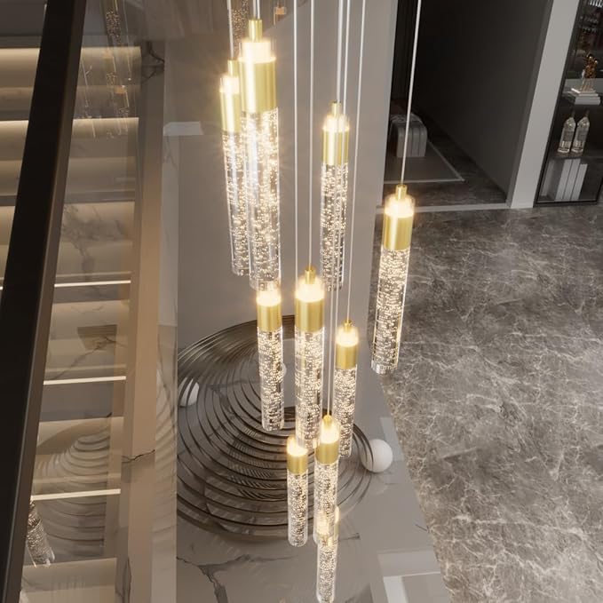 10-Lights Gold Crystal Chandeliers 110 inch Long Spiral Crystal Chandelier for High Ceiling Modern LED Foyer Ceiling Chandeliers Dimmable 3000-6000K