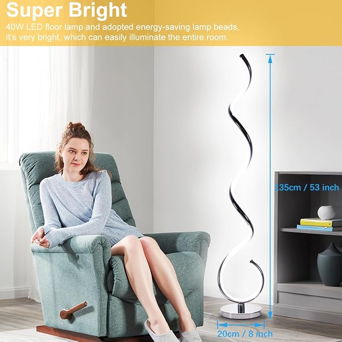 Modern Floor Lamps for Living Room, 40W Dimmable LED Spiral Floor Lamp with Remote, Adjustable Colors & Brightness Standing Lamp Reading Lamp Corner Floor Lamp for Bedroom, Office - Silver