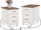 WAMPAT 2 Pack Off White End Table with Charging Station, Wood Side Sofa Table with Drawer and Storage Cabinet, Modern Nightstand with Power Outlets & USB Ports for Living Room, Bedroom