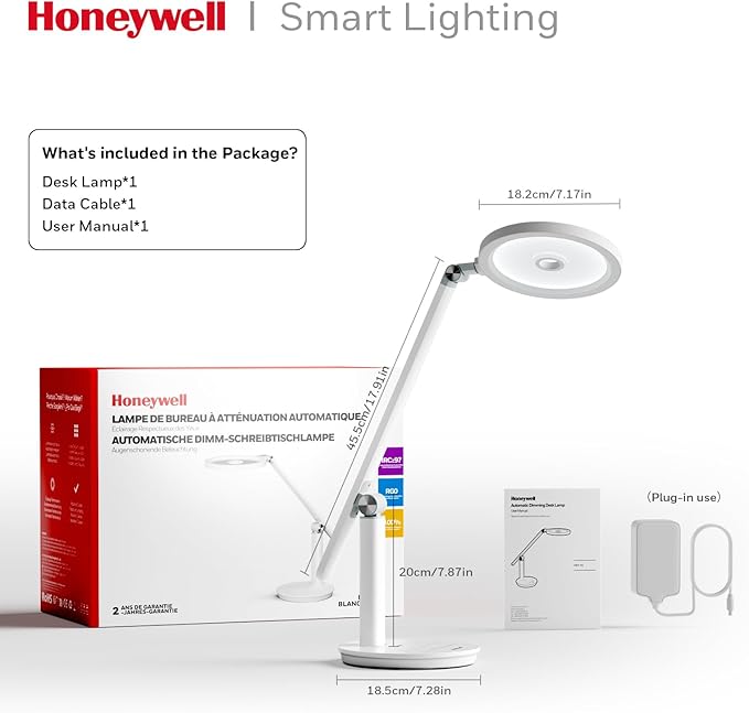 Honeywell Desk Lamp for Home Office, H6 Sunturalux™ Eye-Caring Led Desk Light, 800LM Dimmable Desk Lamp with Timer, Touch Control Tall Desk Reading Light, Table Lamp for Circle Webcam, Study, Bedroom