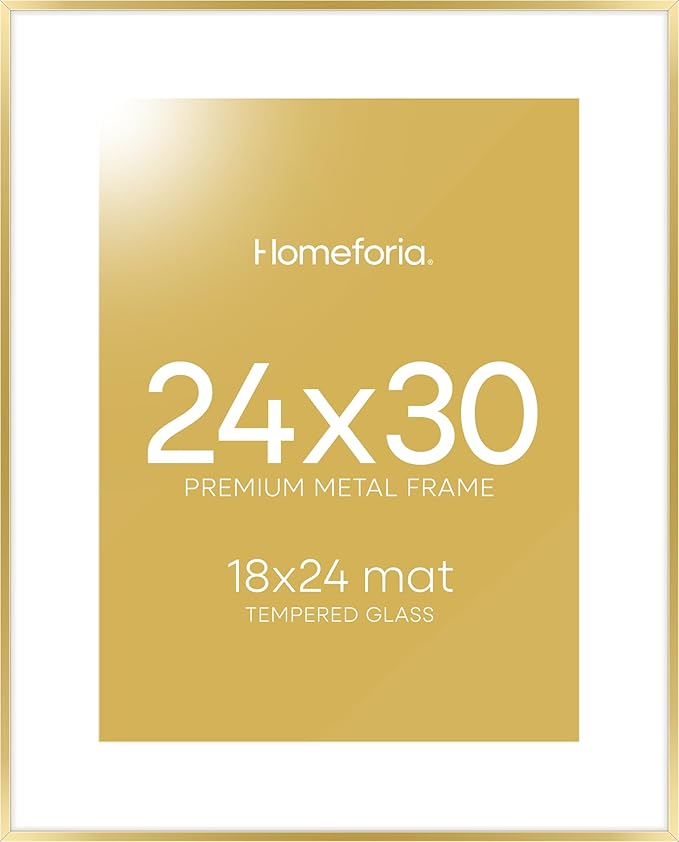 Homeforia 24x30 Picture Frame Gold, High End Metal 24 x 30 Poster Frames with 18 by 24 Mat Opening, 24x30 Gold Photo Frame Matted to 18x24 Print, 30x24 Large Frames, Tempered Glass, Wall Kit, Set of 1