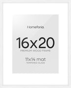 Homeforia 16x20 White Picture Frame, High End Oak 16x20 White Wood Frame with Mat 11x14 Photo, 16 x 20 Wooden Poster Frames Matted to 11 by 14, 20x16 Hanging Frames, Tempered Glass, Wall Kit, Set of 1