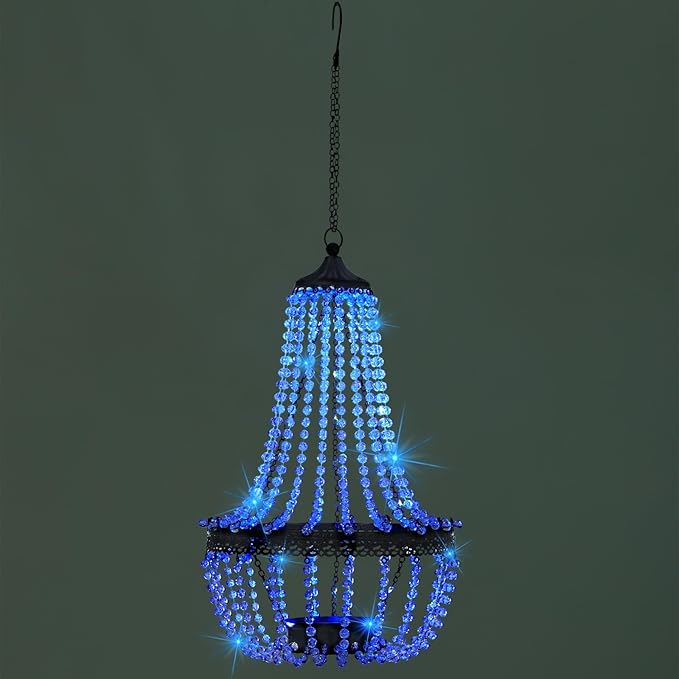Hanging Solar Chandelier Outdoor, 30 Blue Lights Acrylic Clear Beaded Chandelier with S Hooks Modern Lantern for Garden Yard Patio Gazebo Decorations, 28”H